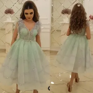 mint green beaded prom dresses ball gown short v neck elegant luxury arabic prom gown