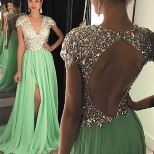 mint green prom dresses long cap sleeve chiffon beaded crystals a line elegant prom gown vestido de longo