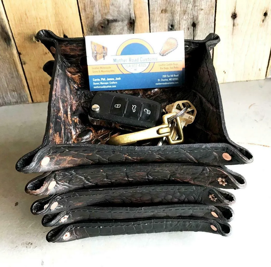 Mother Road Customs Antique Brown Alligator Leather Tray Coin Valet Pocket Dump