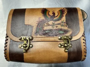 NEW Beautifully hand crafted Calf Leather & Goat Skin Bag With hand painted Phoenix Design & Eye-catching whipstitch details. Includes shoulder strap - Retails for $209!