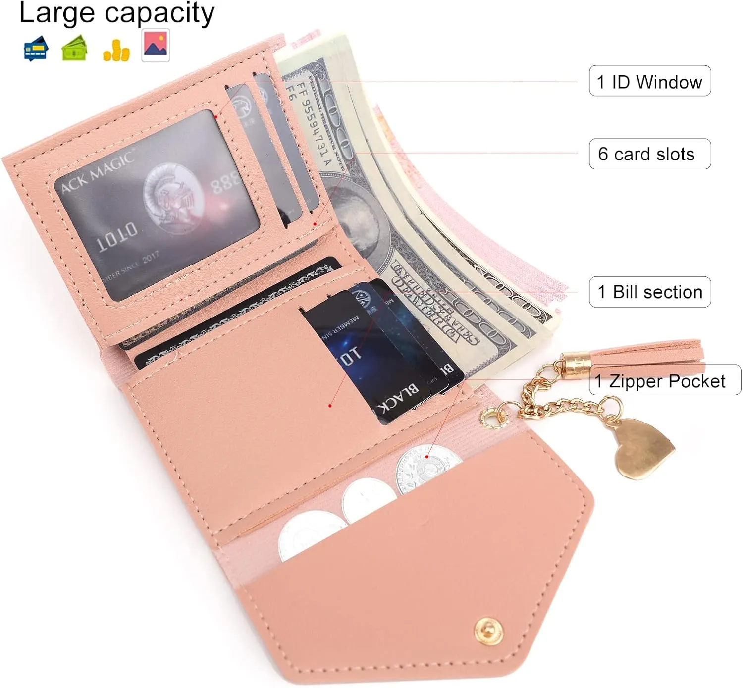 NEW Small Wallet for Women, Ultra Slim Pu Leather Credit Card Holder Clutch Wallets for Women, Pink, one size