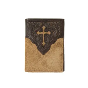 Nocona Tan Rough Out Bifold Wallet with Brown Tooled Cross Overlay