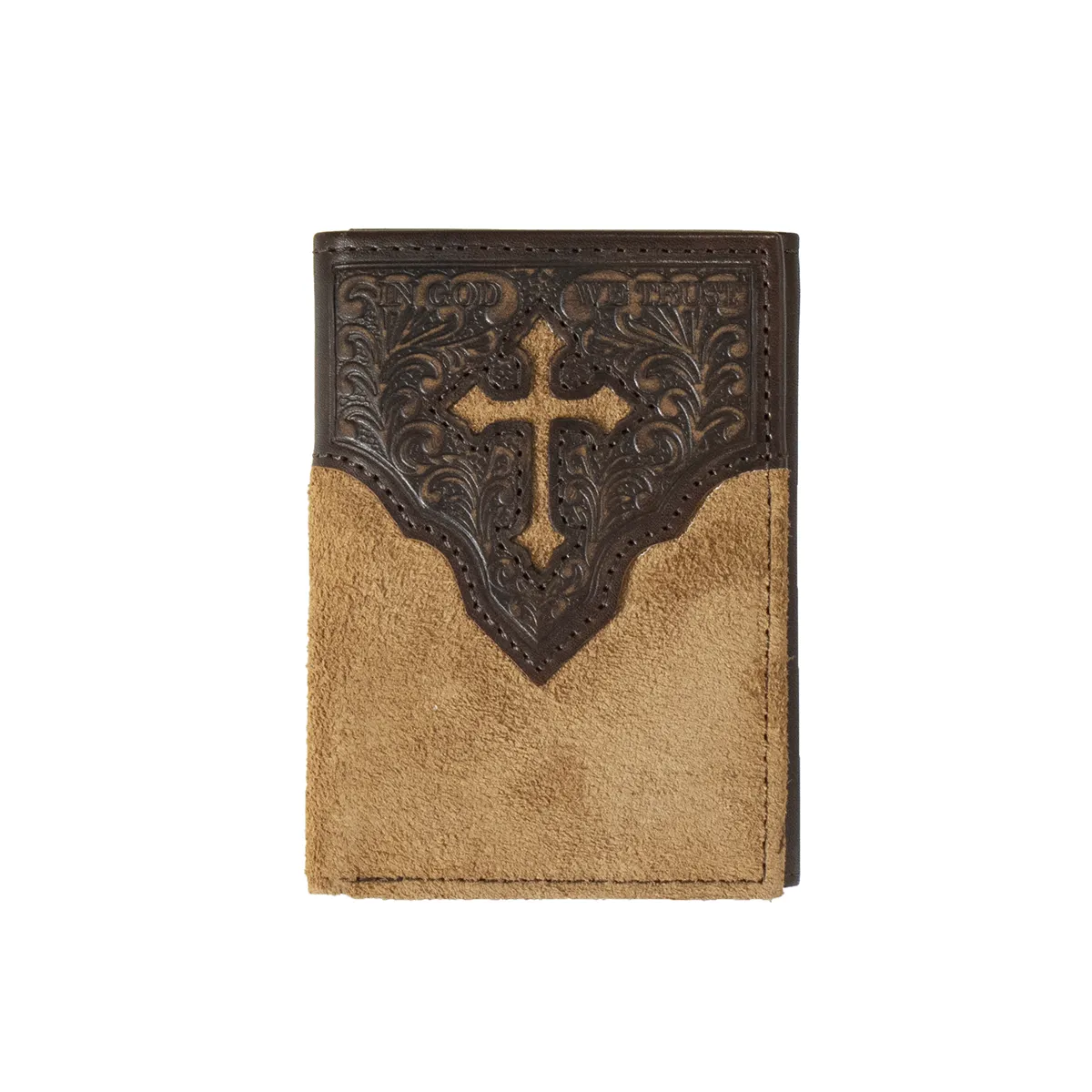 Nocona Tan Rough Out Bifold Wallet with Brown Tooled Cross Overlay