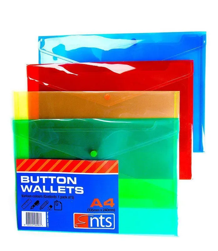 NTS - A4 Button Wallet Assorted Colours - Pack of 5