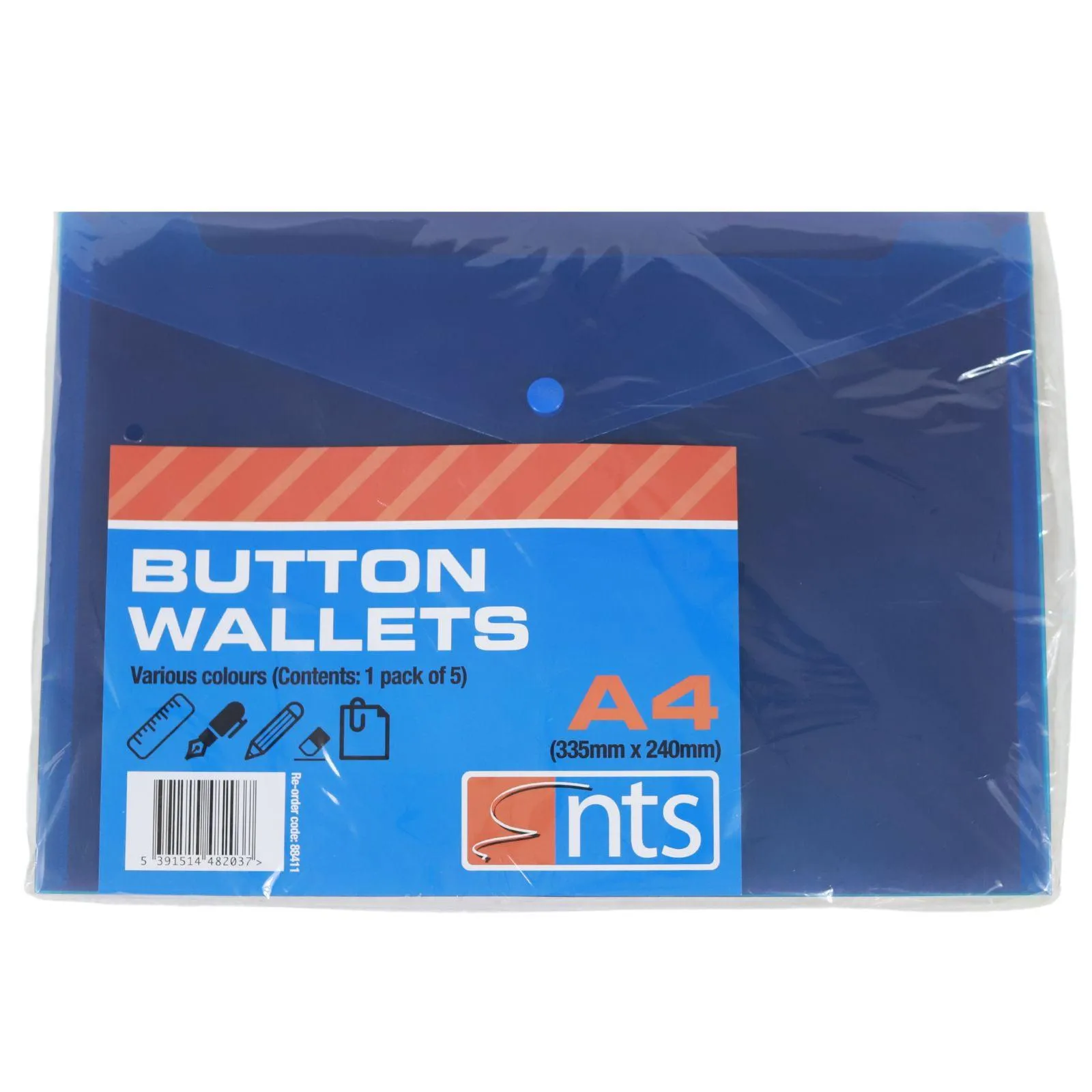 NTS - A4 Button Wallet Assorted Colours - Pack of 5