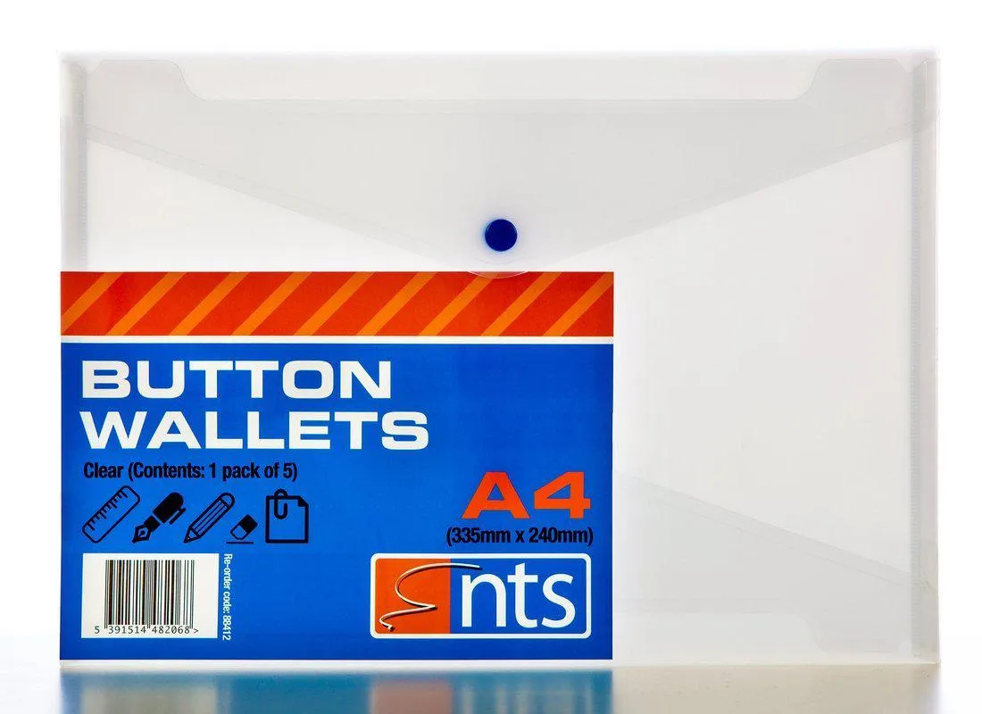 NTS - A4 Button Wallet Clear - Pack of 5