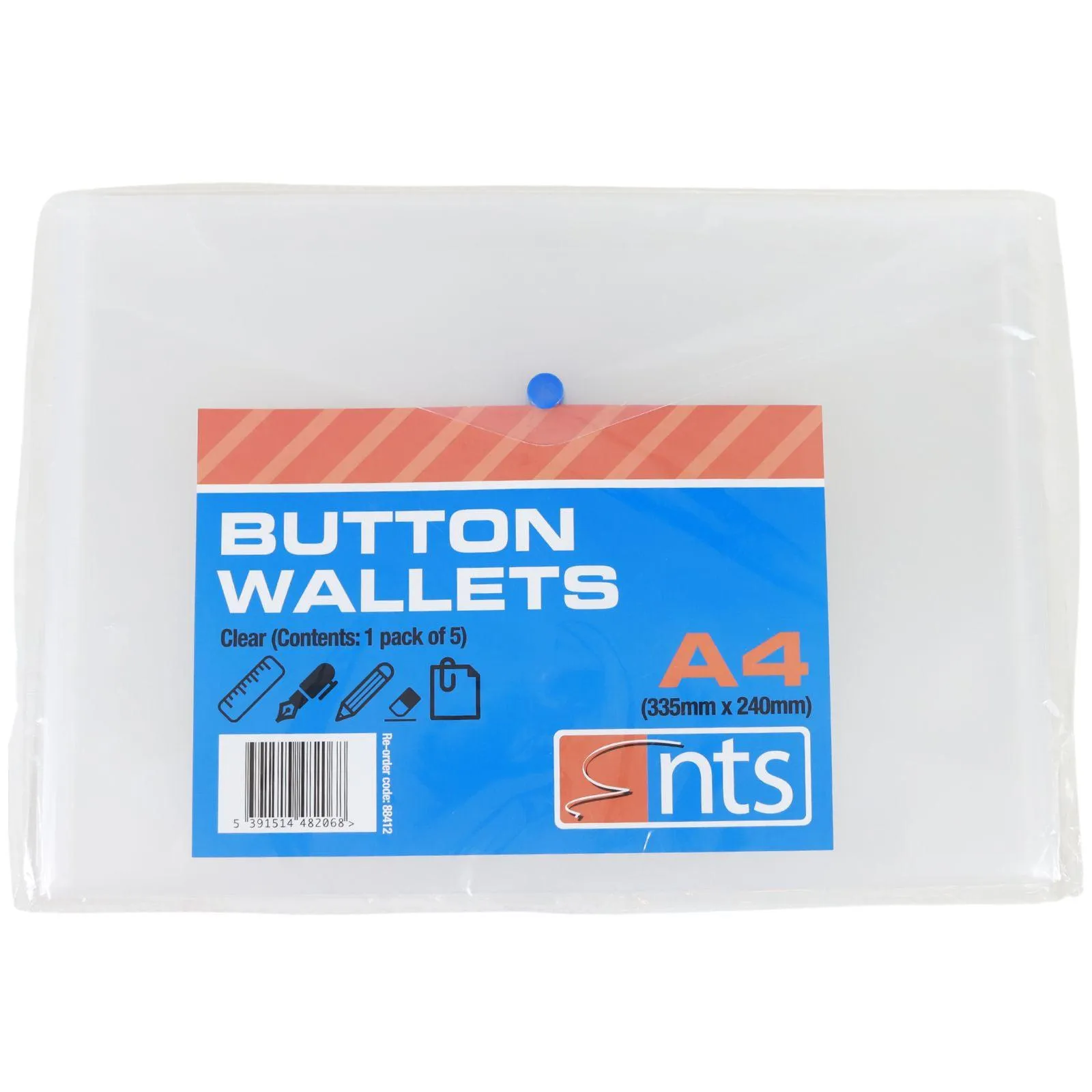 NTS - A4 Button Wallet Clear - Pack of 5