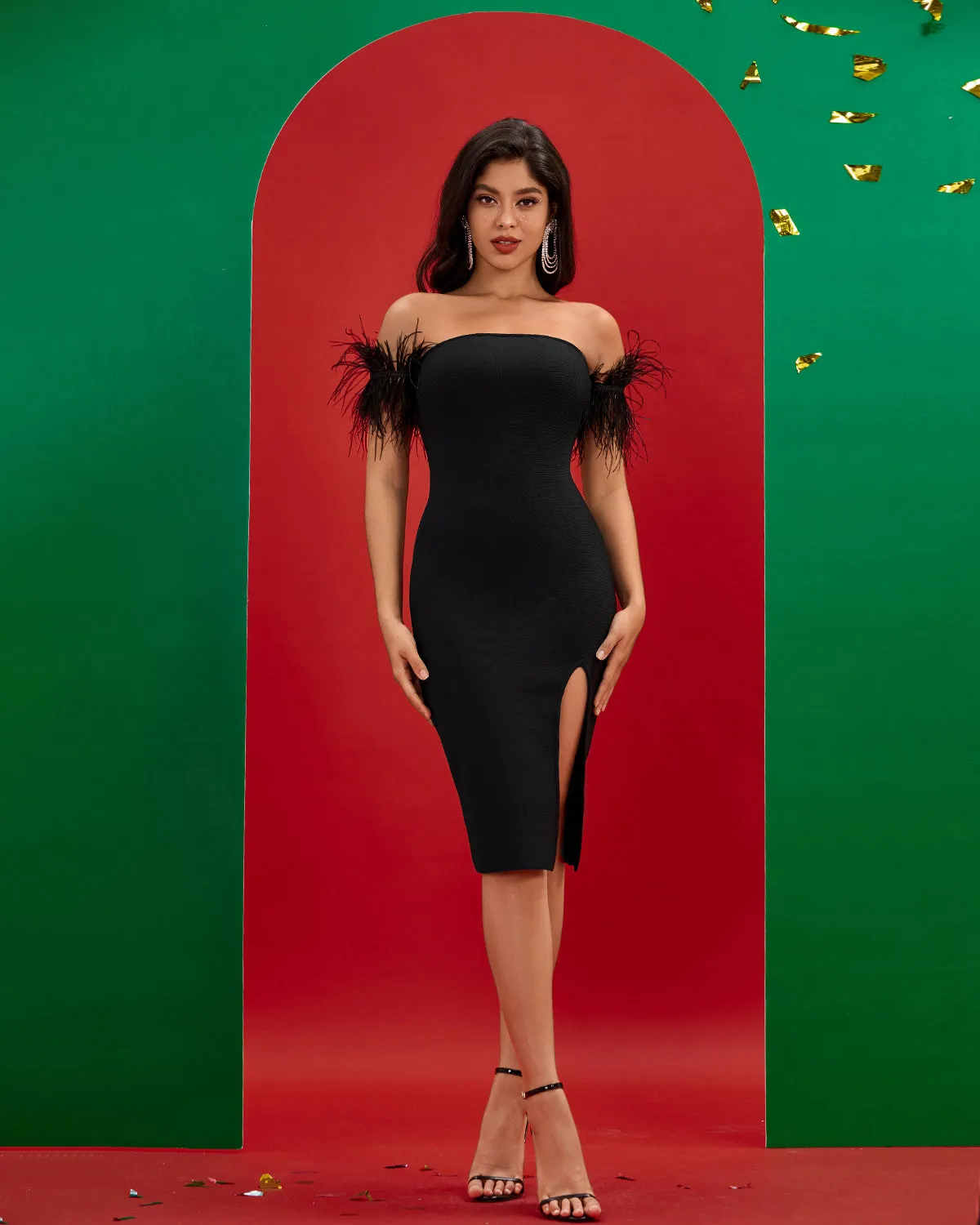 Off Shoulder High Slit Bandage Midi Dress