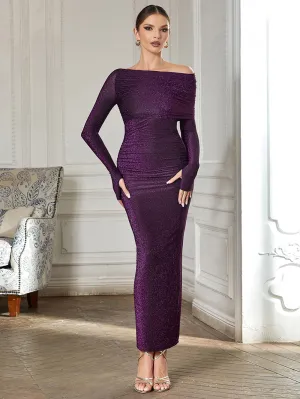 Off Shoulder Long Sleeve Wrinkled Maxi Bodycon Dress HB03400