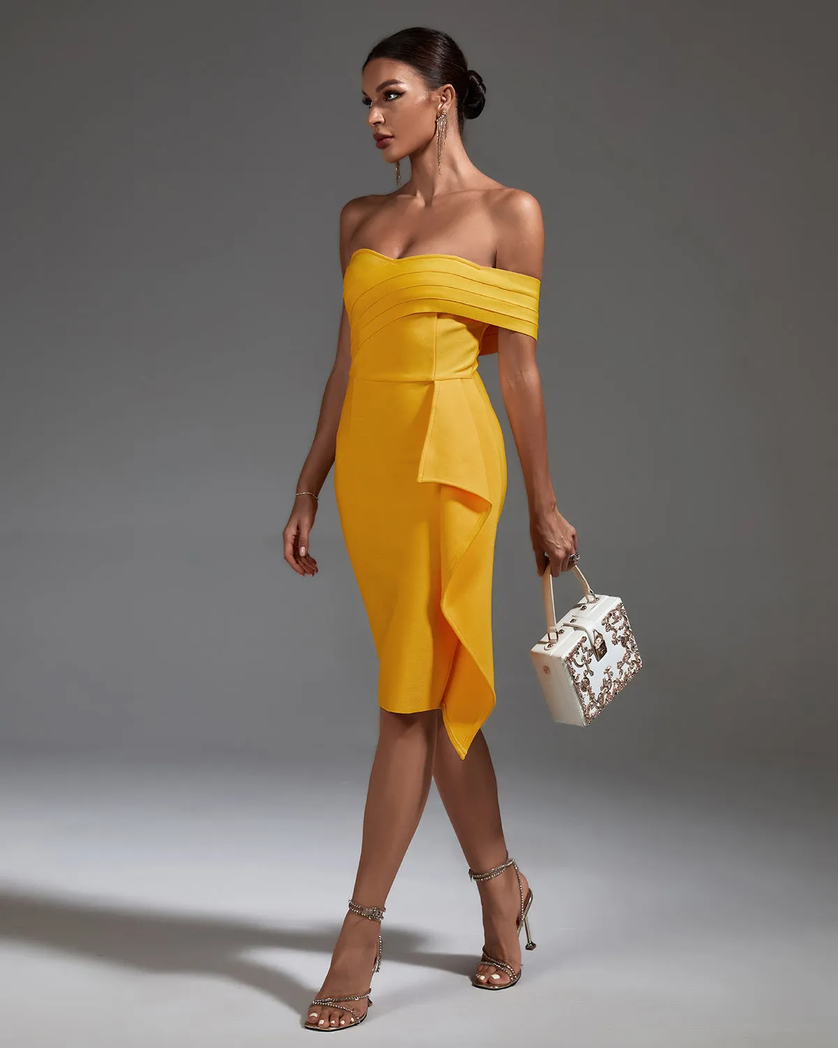 Off Shoulder Ruffled Midi Bandage Dress