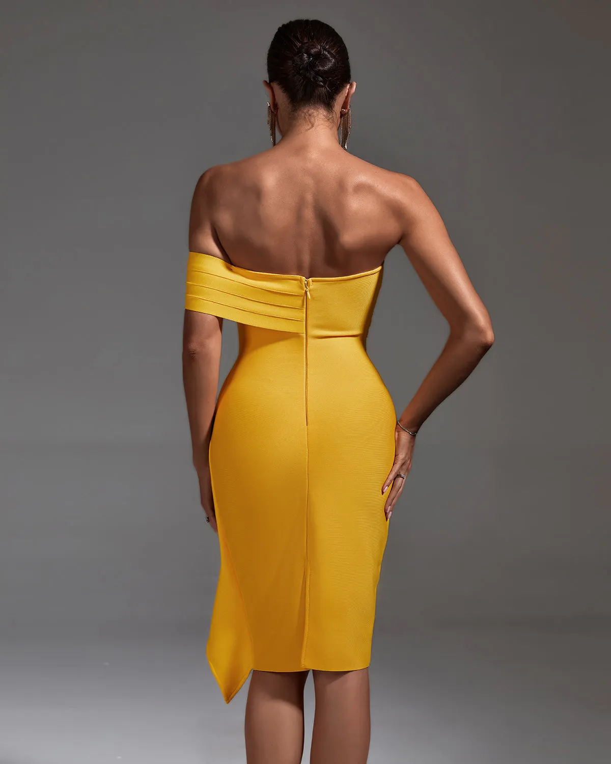 Off Shoulder Ruffled Midi Bandage Dress