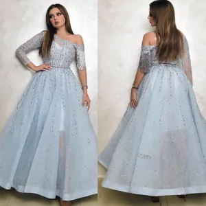 one shoulder blue prom dresses ball gown arabic crystals beaded luxury elegant prom gown