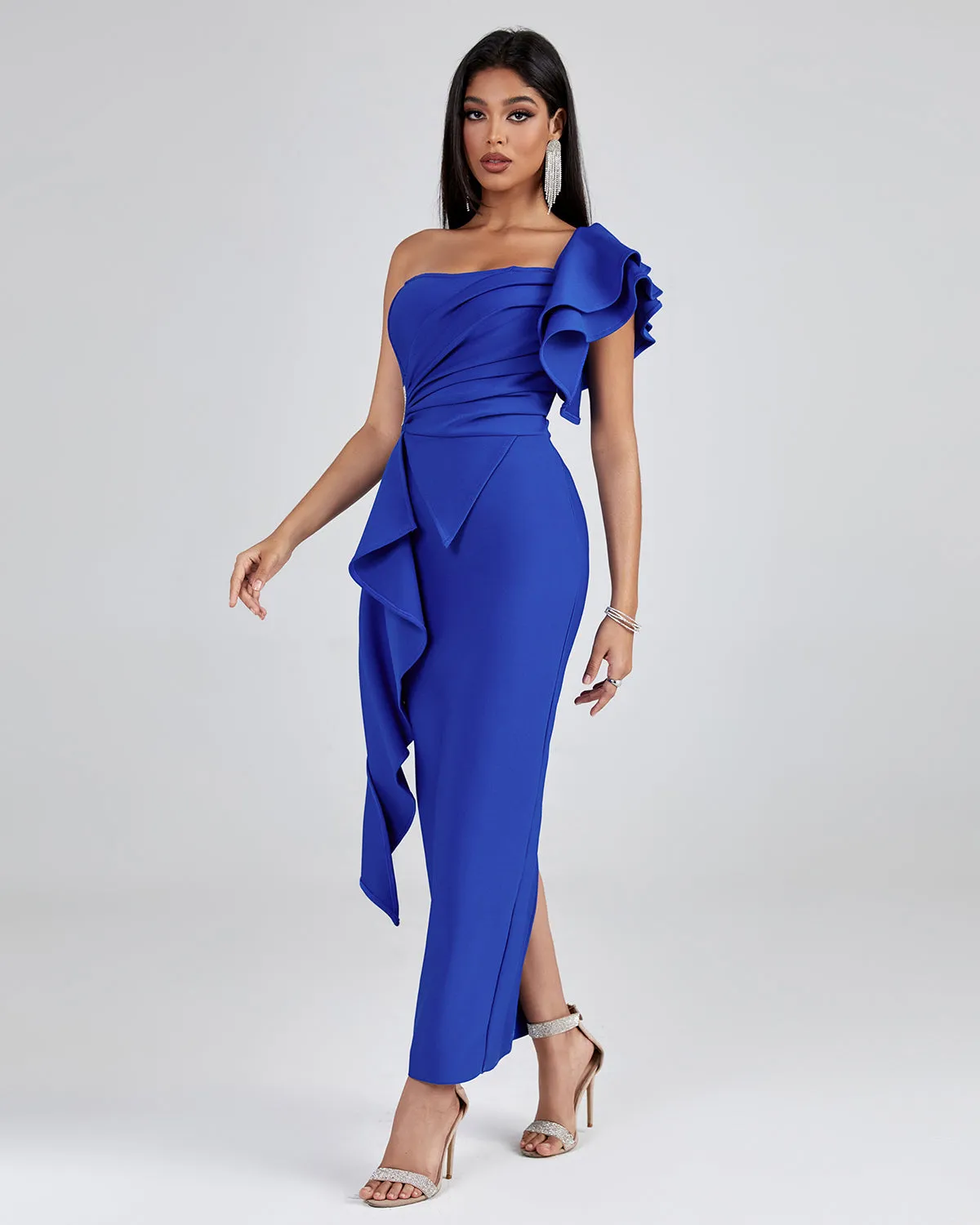 One Shoulder Ruffle Bandage Long Dress