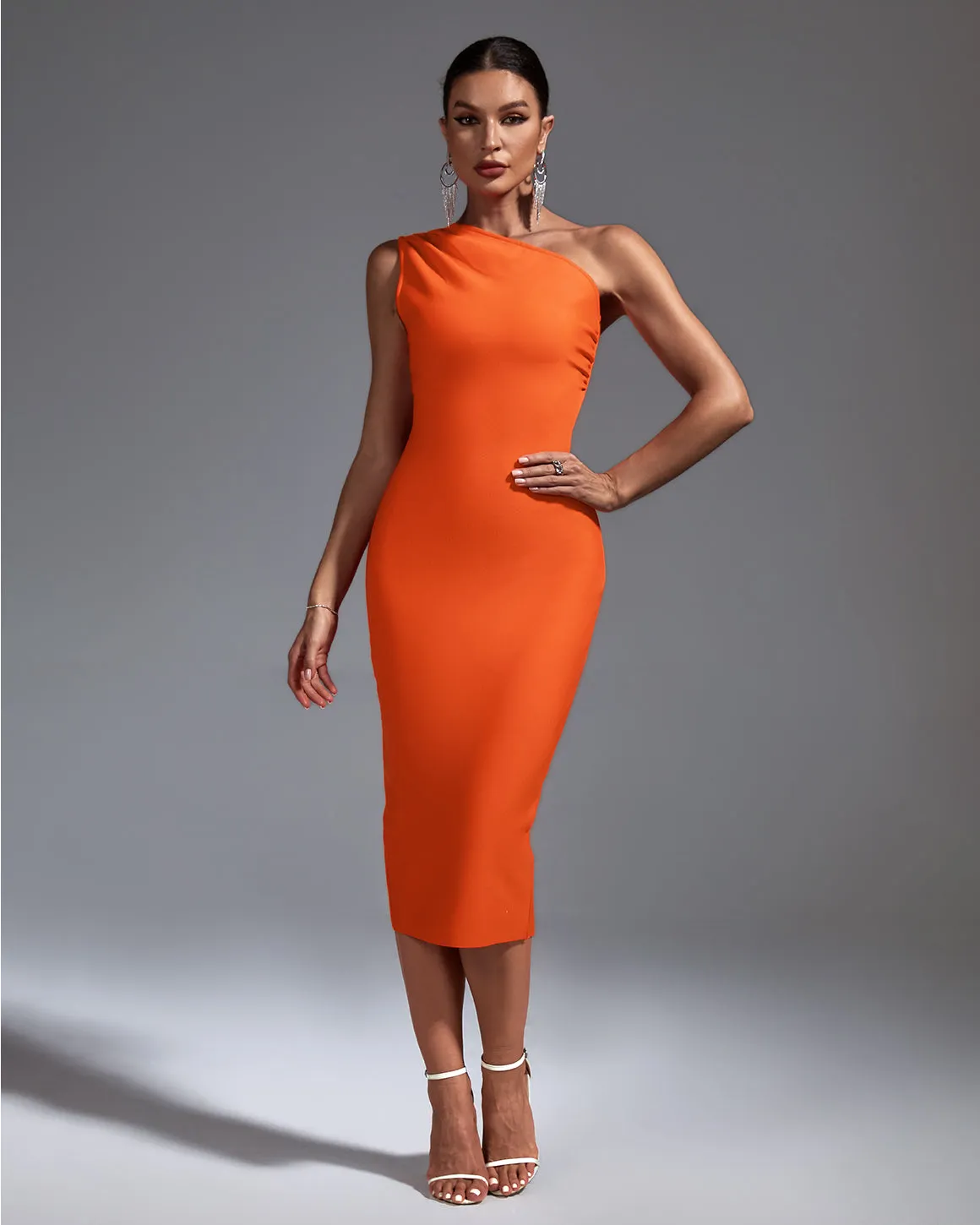 One Shoulder Sleeveless Midi Bandage Dress