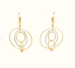 Oval and Triple Open Circle Design Dangle Earrings - 14kt Two-Tone Gold