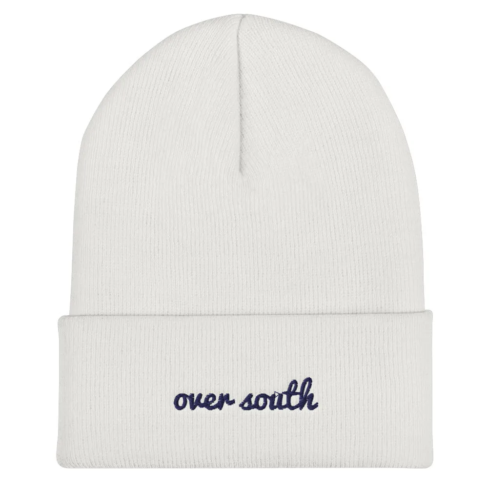 Over South Text Logo (Navy Text) Cuffed Beanie