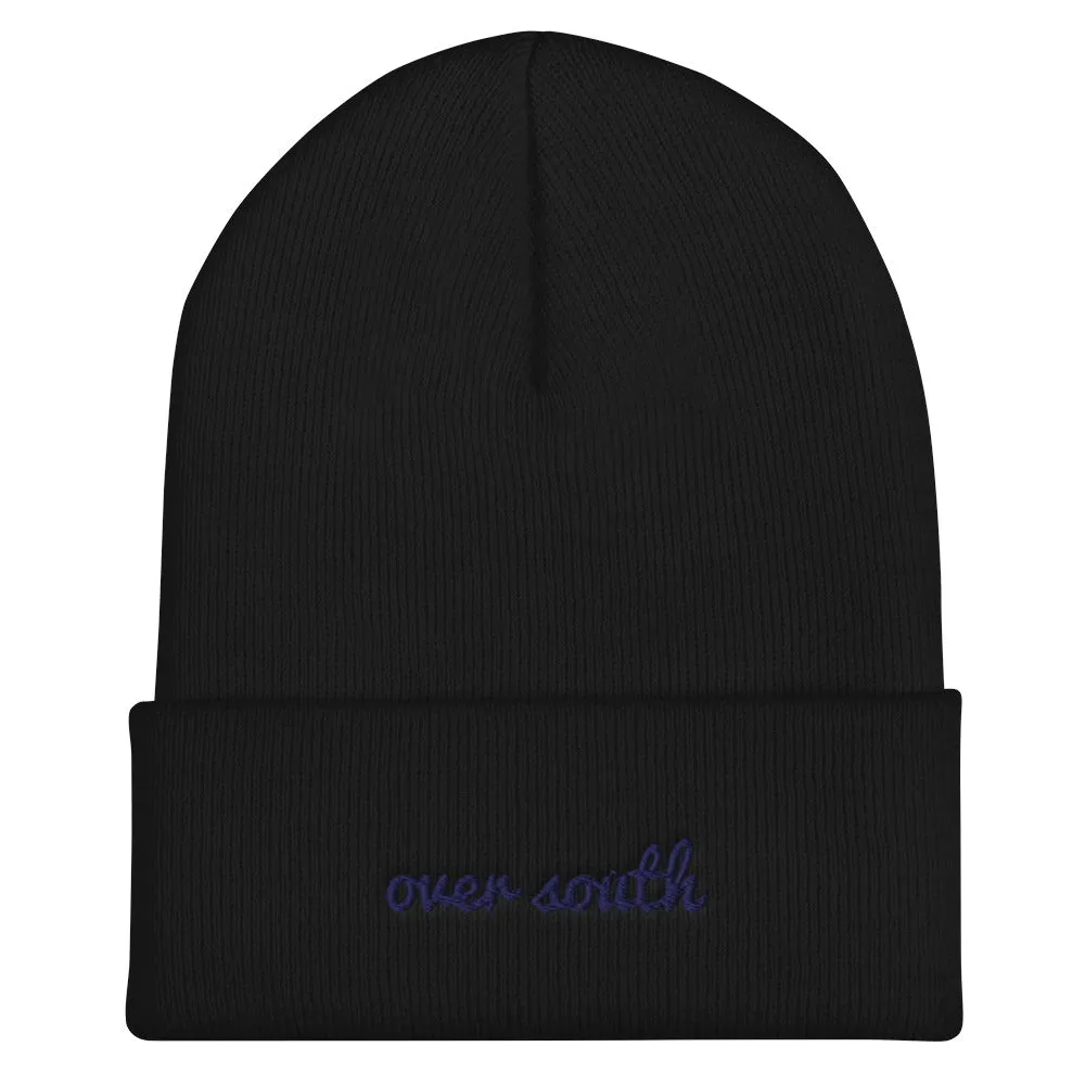 Over South Text Logo (Navy Text) Cuffed Beanie