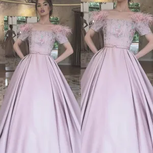 pink prom dress ball gown 2020 short sleeve feather beaded boat neckline elegant prom gown