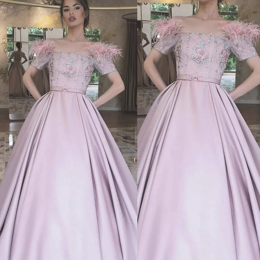 pink prom dress ball gown 2020 short sleeve feather beaded boat neckline elegant prom gown