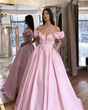 pink prom dress with pocket 2020 satin off the shoulder elegant simple prom gown vestido de Longo