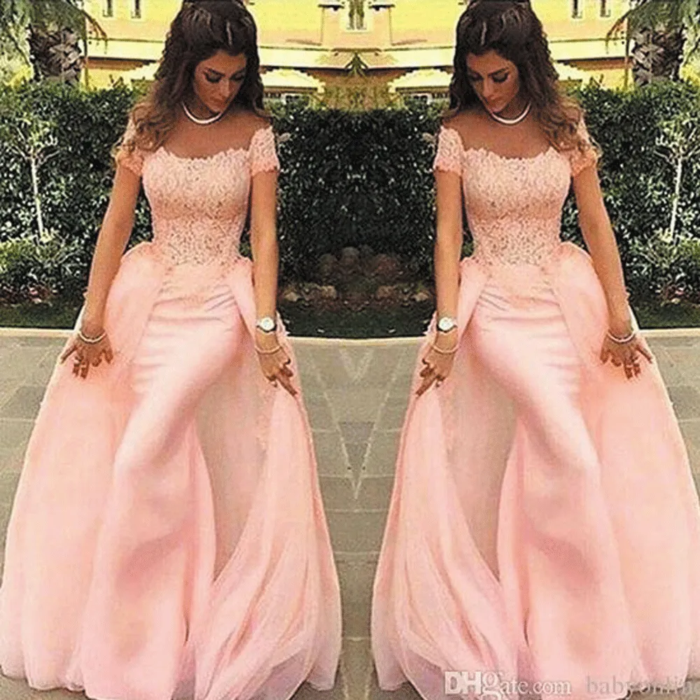 pink prom dresses for women detachable skirt lace appliqué elegant long prom gown vestido de Longo