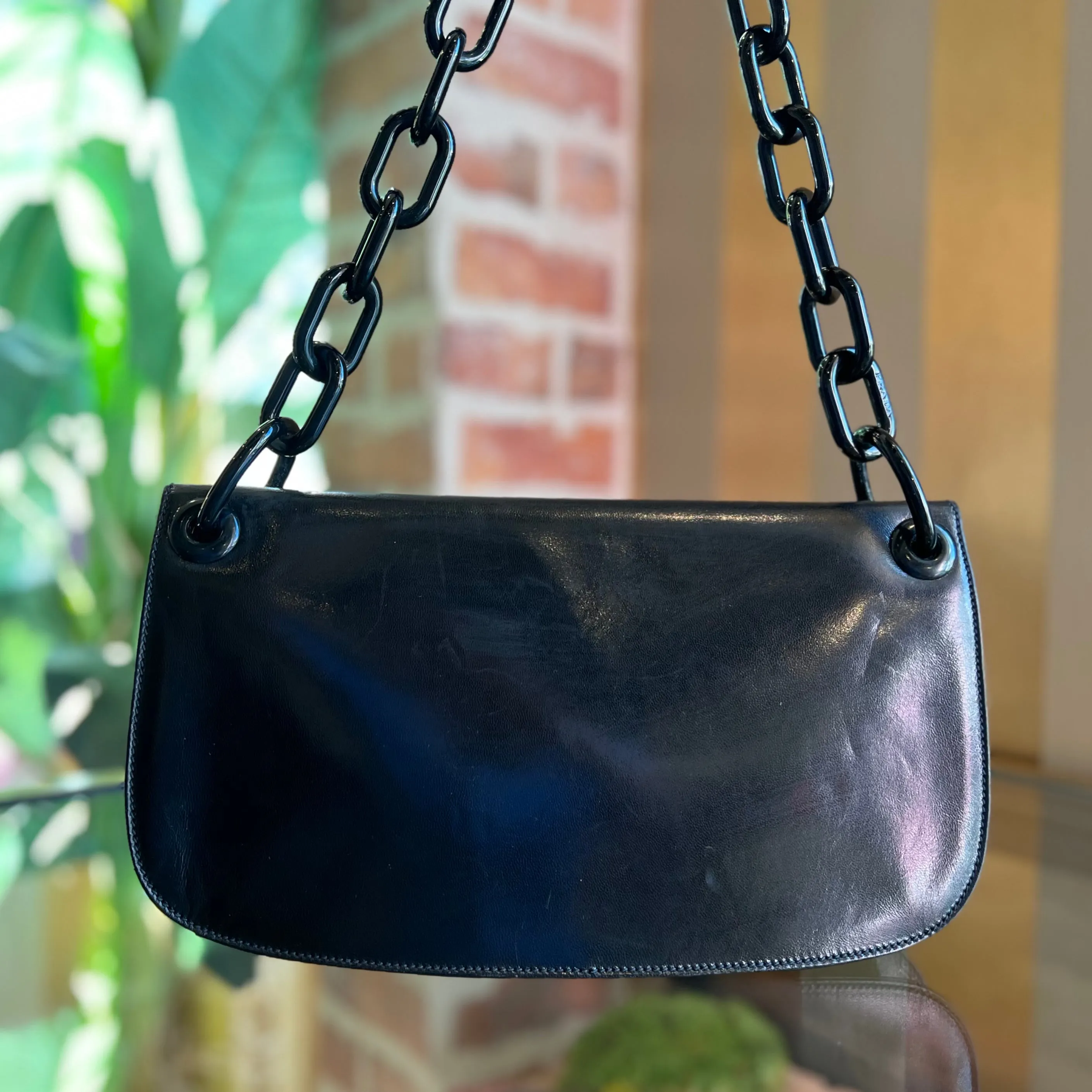 PRADA Black Calfskin Acrylic Chain Link Strap Vintage Shoulder Bag Nero