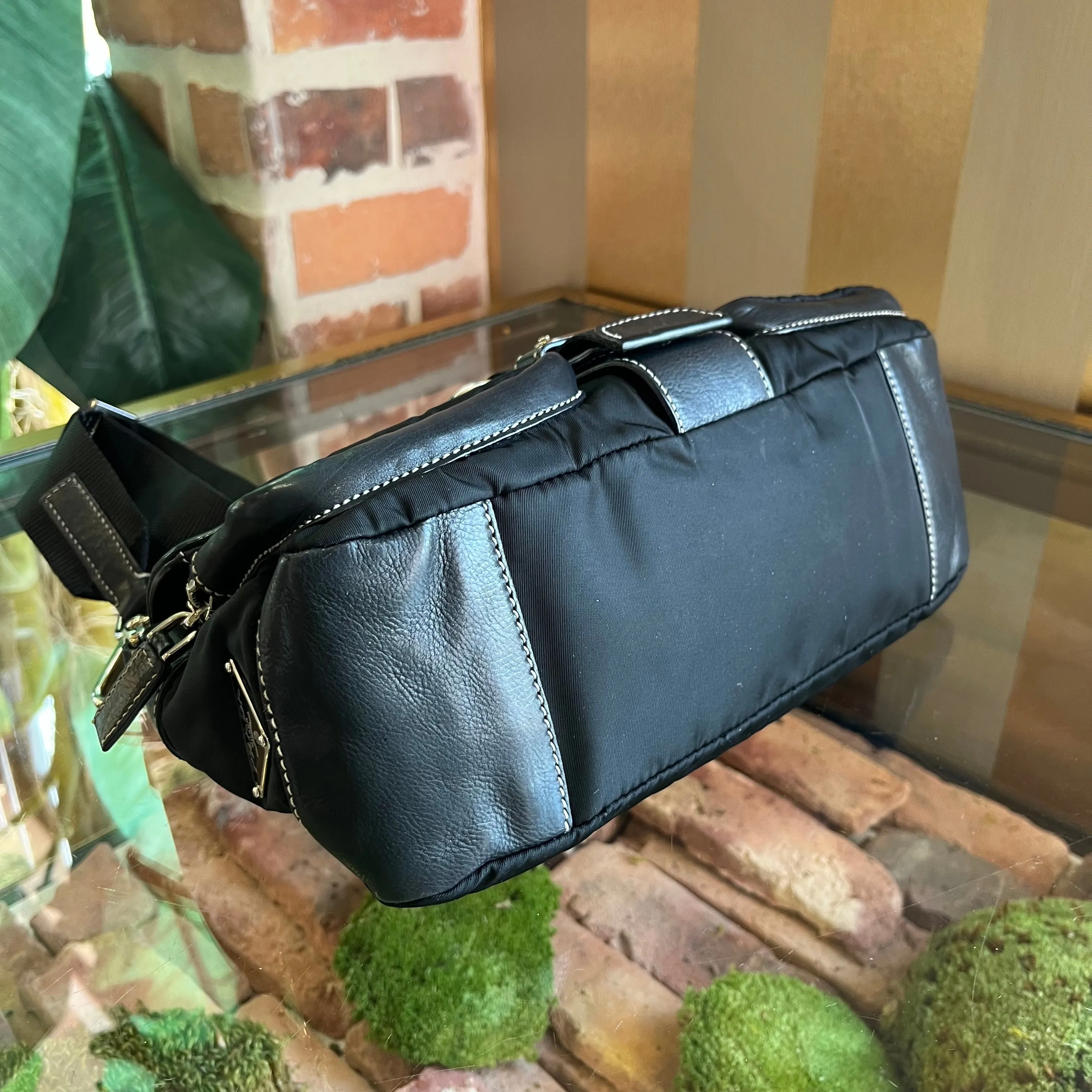 PRADA Black Nylon Soft Calfskin Vintage Buckle Shoulder Bag