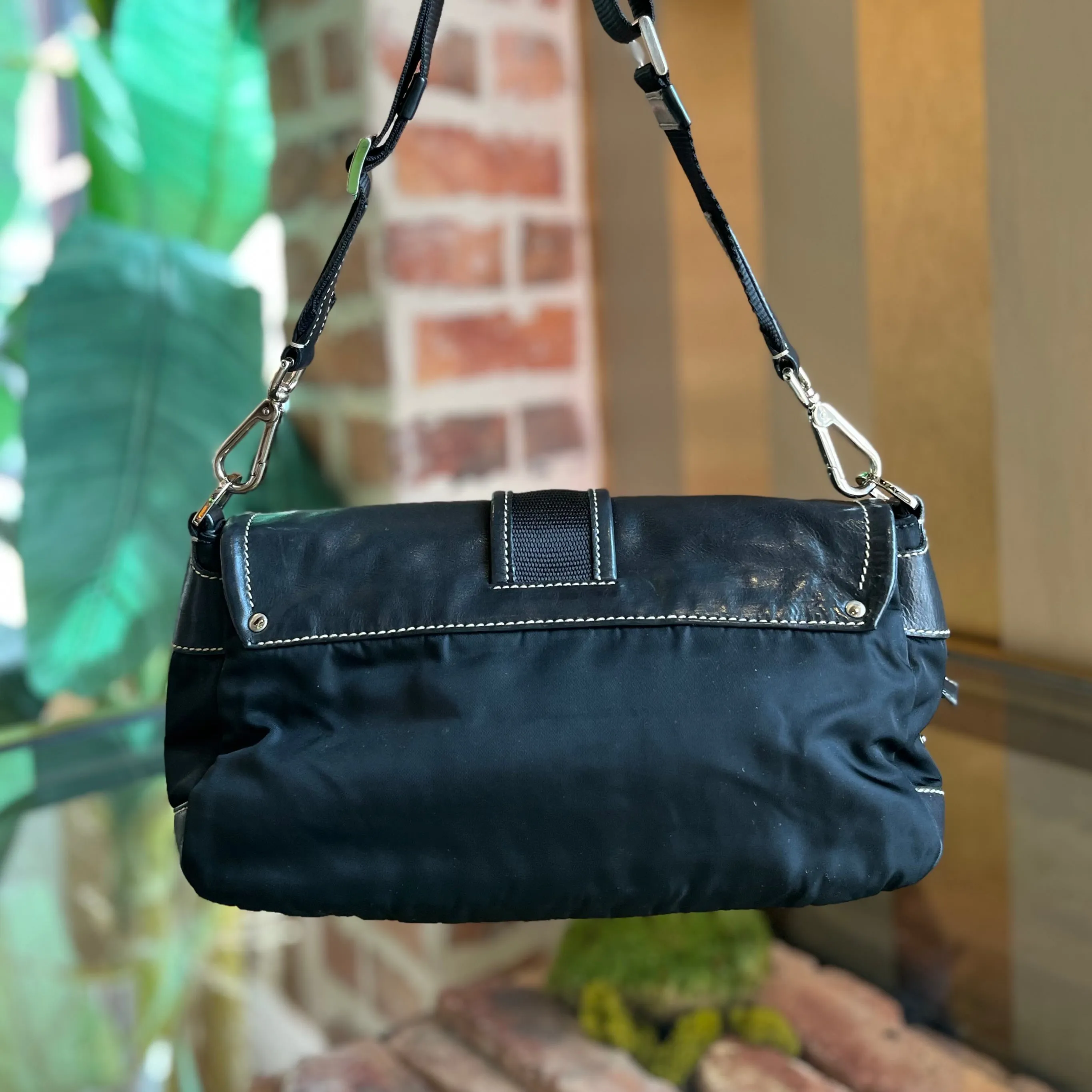 PRADA Black Nylon Soft Calfskin Vintage Buckle Shoulder Bag