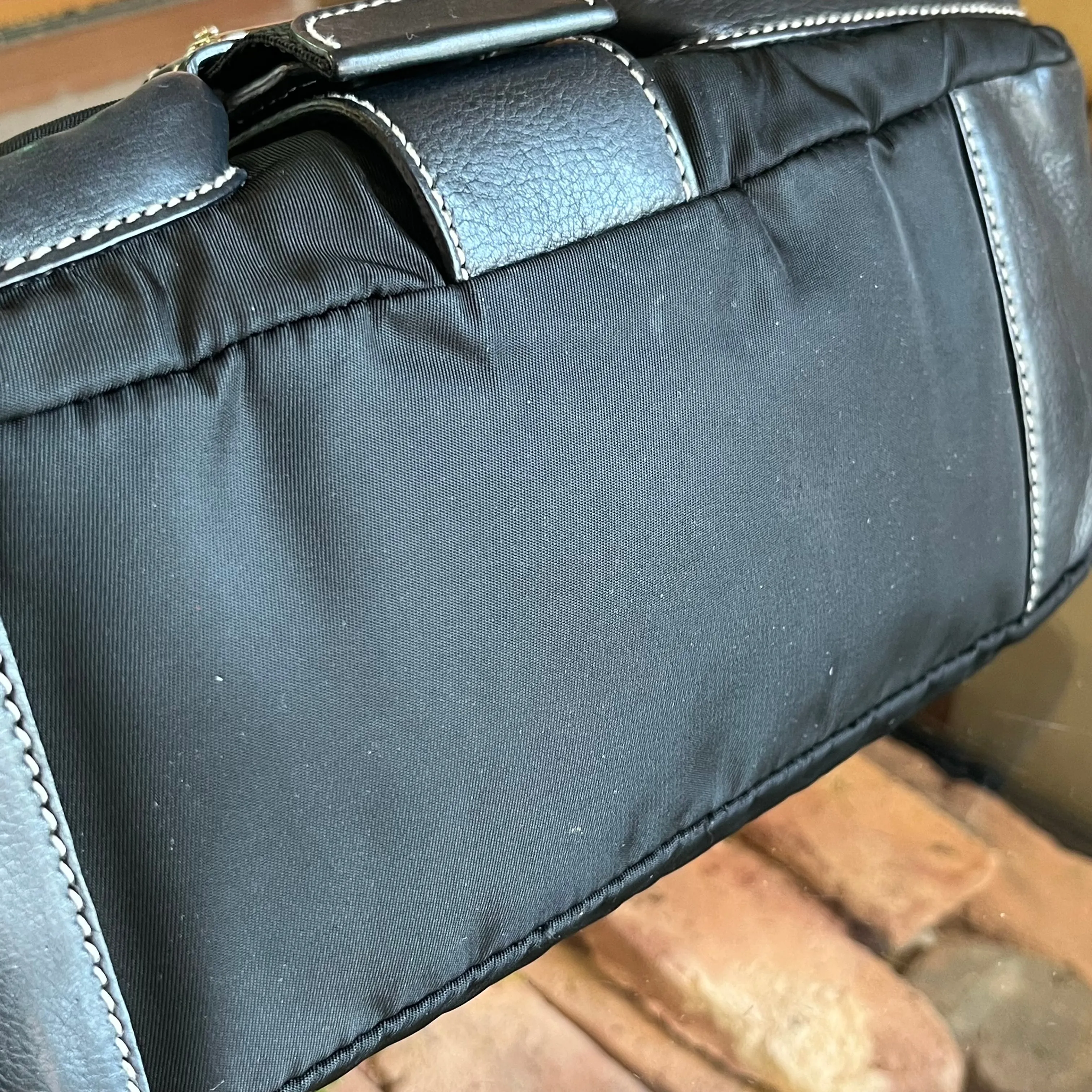 PRADA Black Nylon Soft Calfskin Vintage Buckle Shoulder Bag