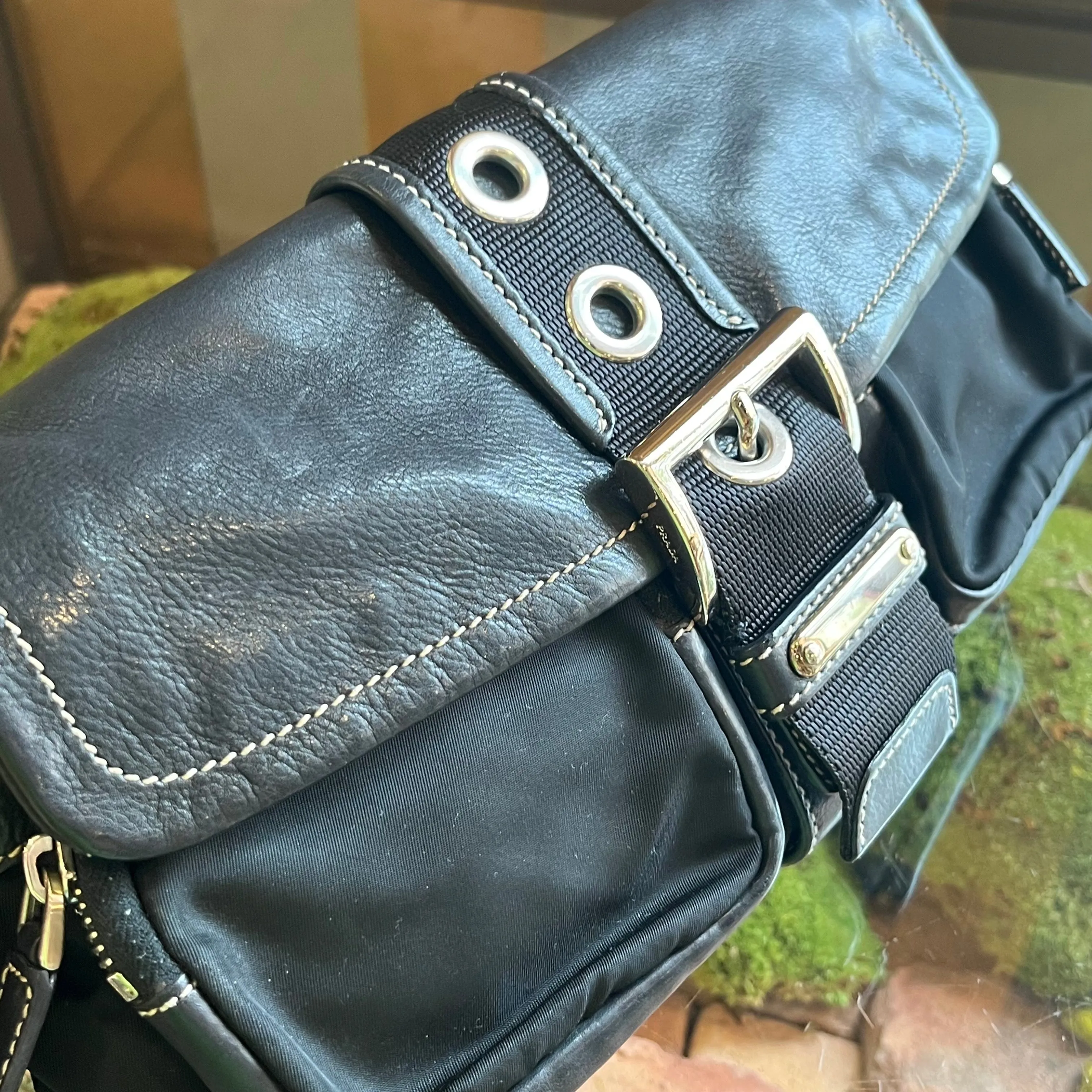 PRADA Black Nylon Soft Calfskin Vintage Buckle Shoulder Bag