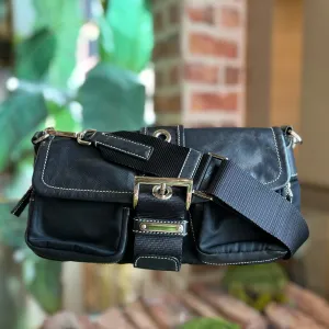 PRADA Black Nylon Soft Calfskin Vintage Buckle Shoulder Bag