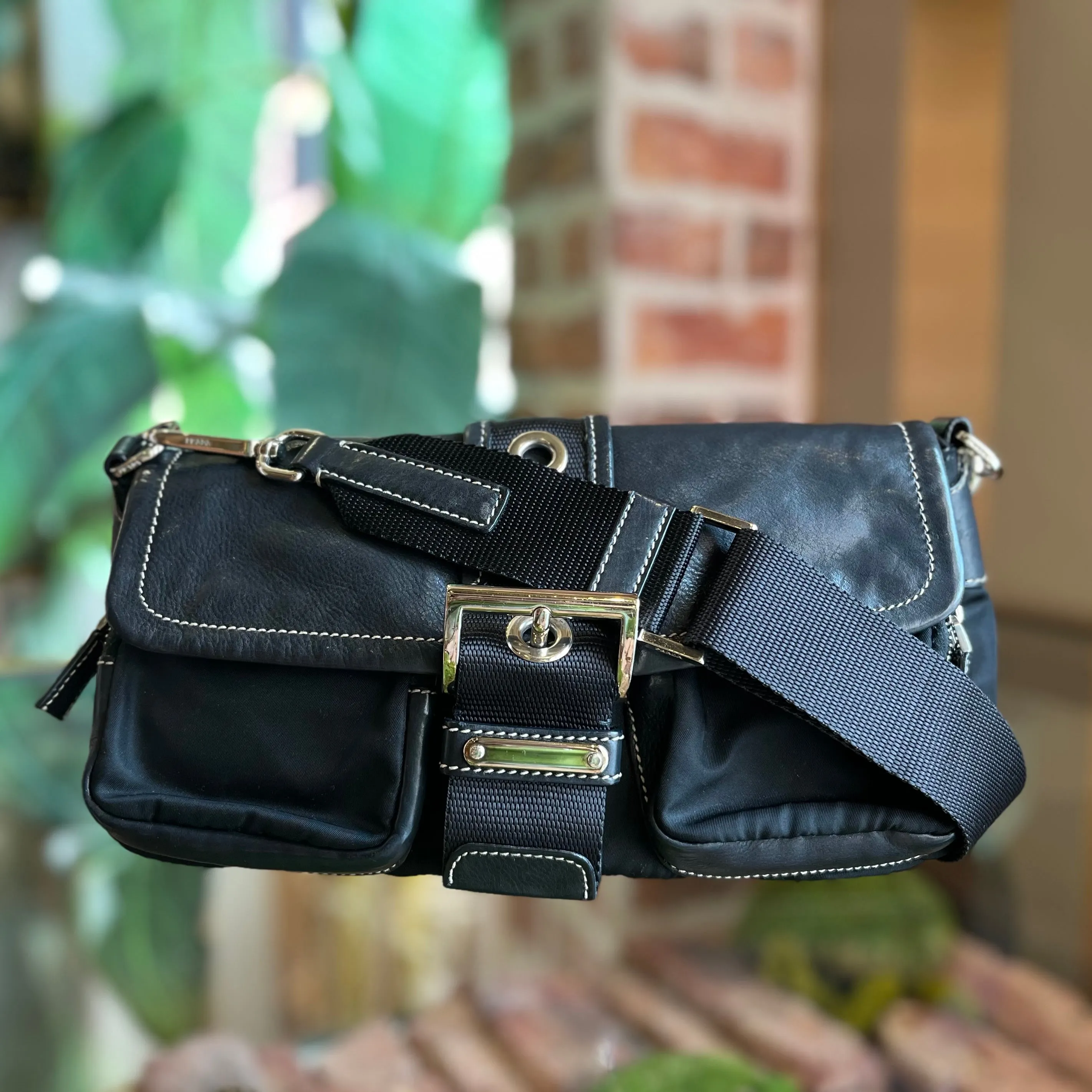PRADA Black Nylon Soft Calfskin Vintage Buckle Shoulder Bag