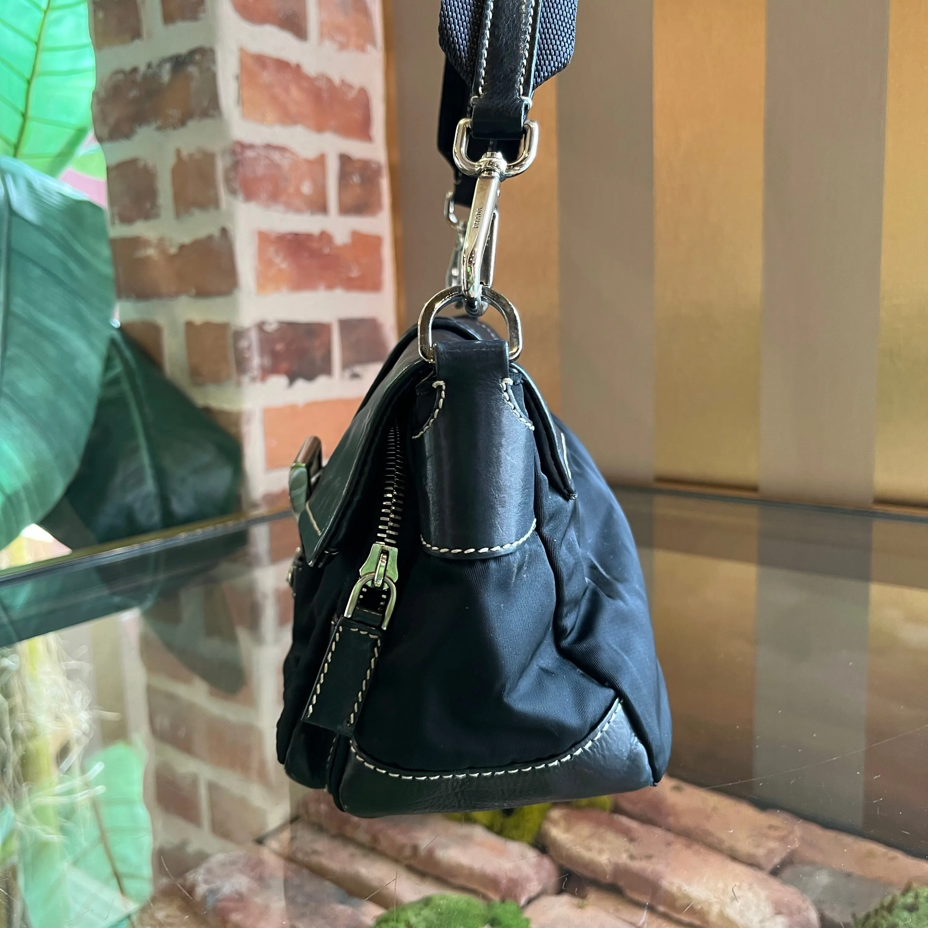 PRADA Black Nylon Soft Calfskin Vintage Buckle Shoulder Bag