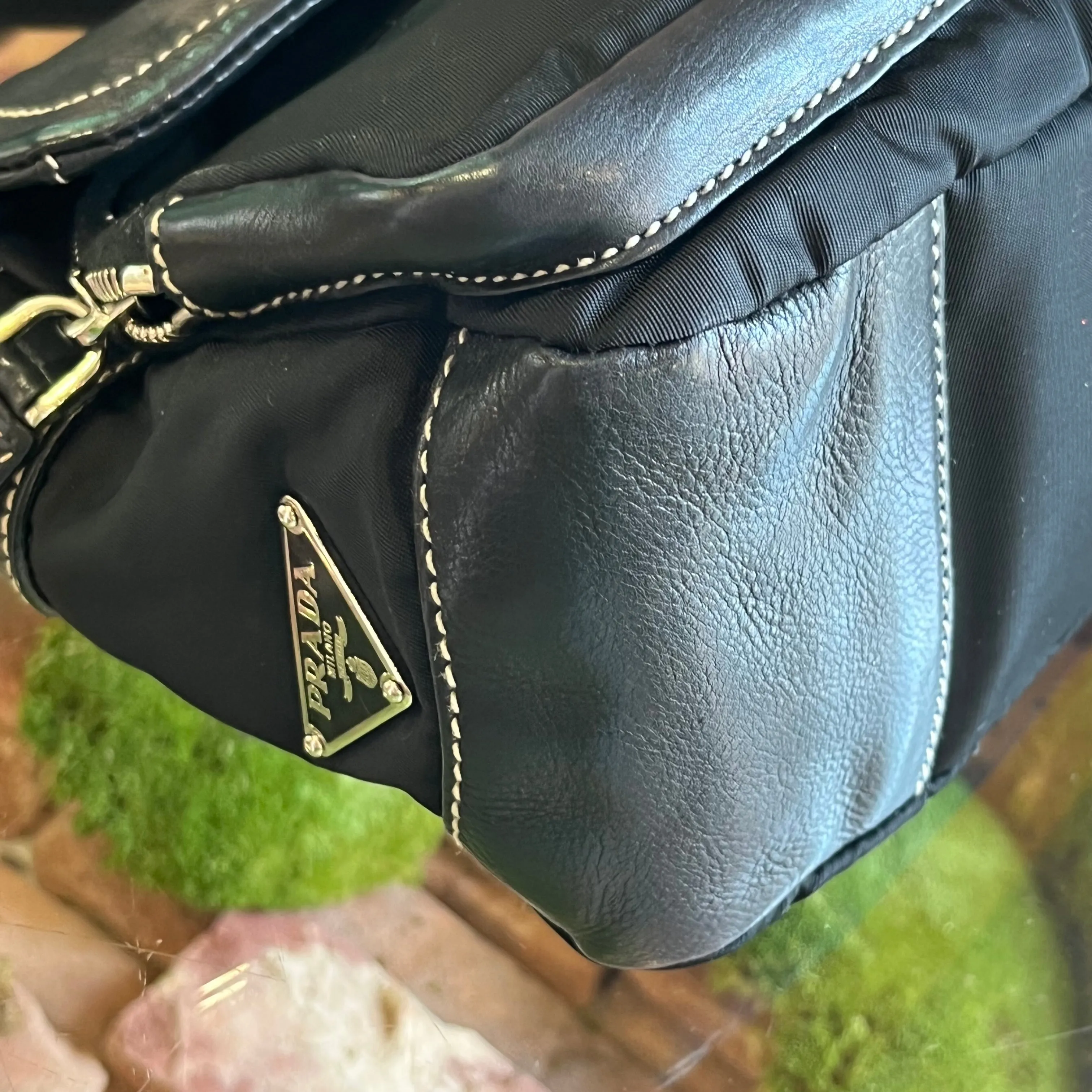 PRADA Black Nylon Soft Calfskin Vintage Buckle Shoulder Bag