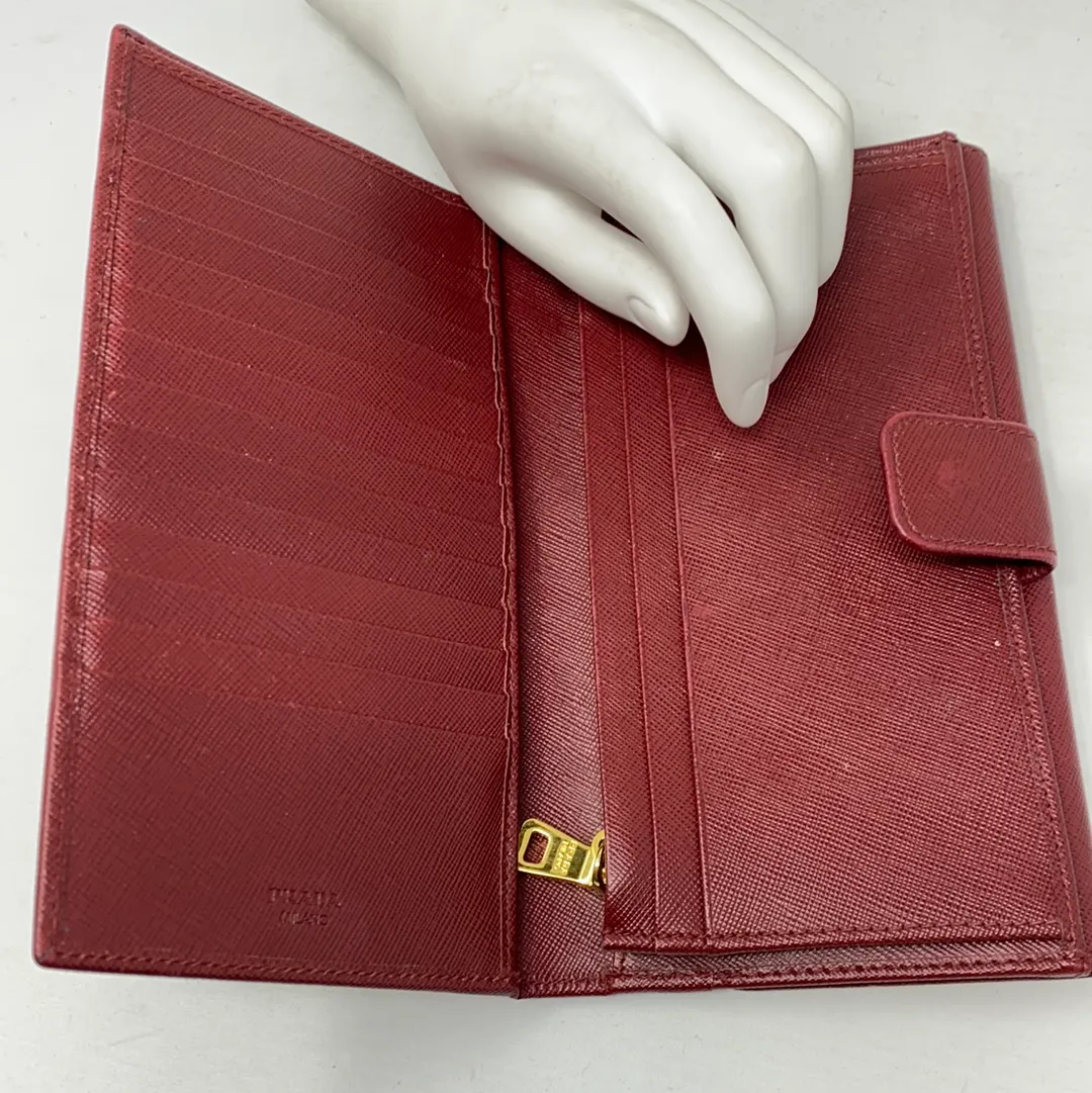 Prada Maroon Leather Large Wallet with Gold Hardware