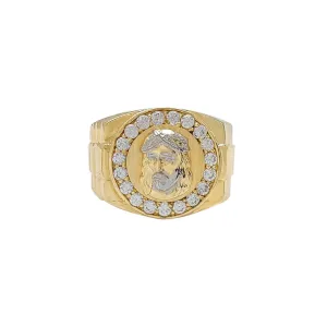 Presidential Motif Band Accent CZ Jesus Head Ring (10K)