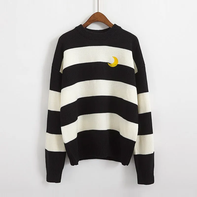 "EMBROIDERY MOON STRIPE" PULLOVER SWEATER K082807