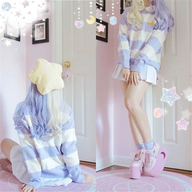 "EMBROIDERY MOON STRIPE" PULLOVER SWEATER K082807
