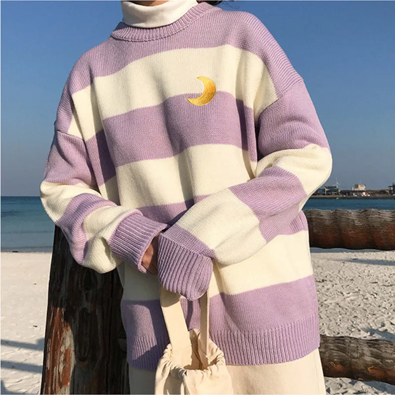 "EMBROIDERY MOON STRIPE" PULLOVER SWEATER K082807