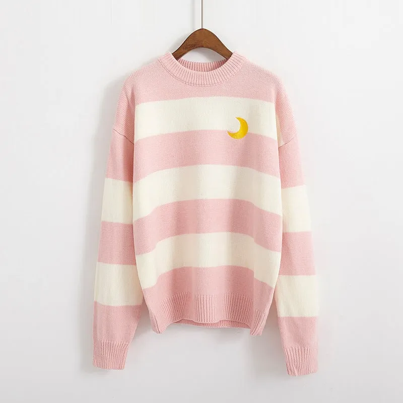 "EMBROIDERY MOON STRIPE" PULLOVER SWEATER K082807