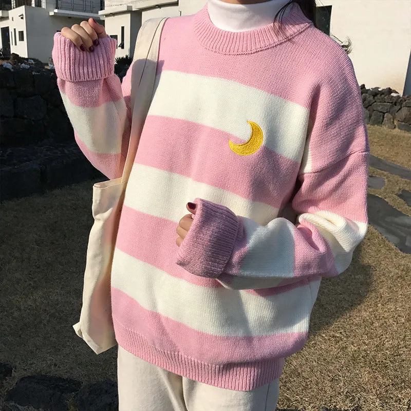 "EMBROIDERY MOON STRIPE" PULLOVER SWEATER K082807