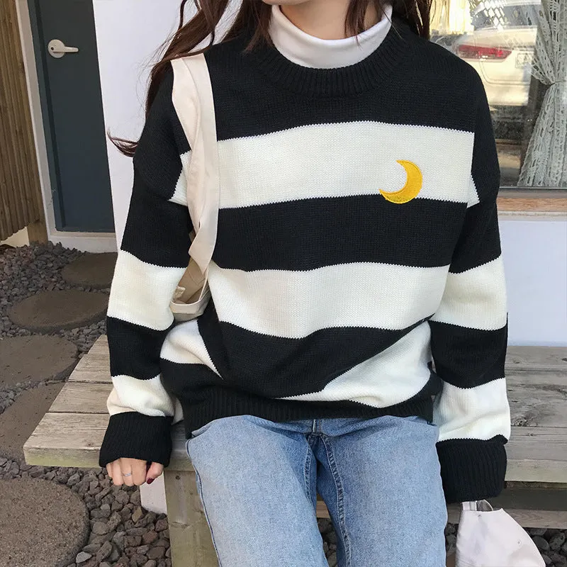 "EMBROIDERY MOON STRIPE" PULLOVER SWEATER K082807