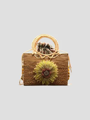 Raffia Tote with Sunflower and Gemstone Straps
