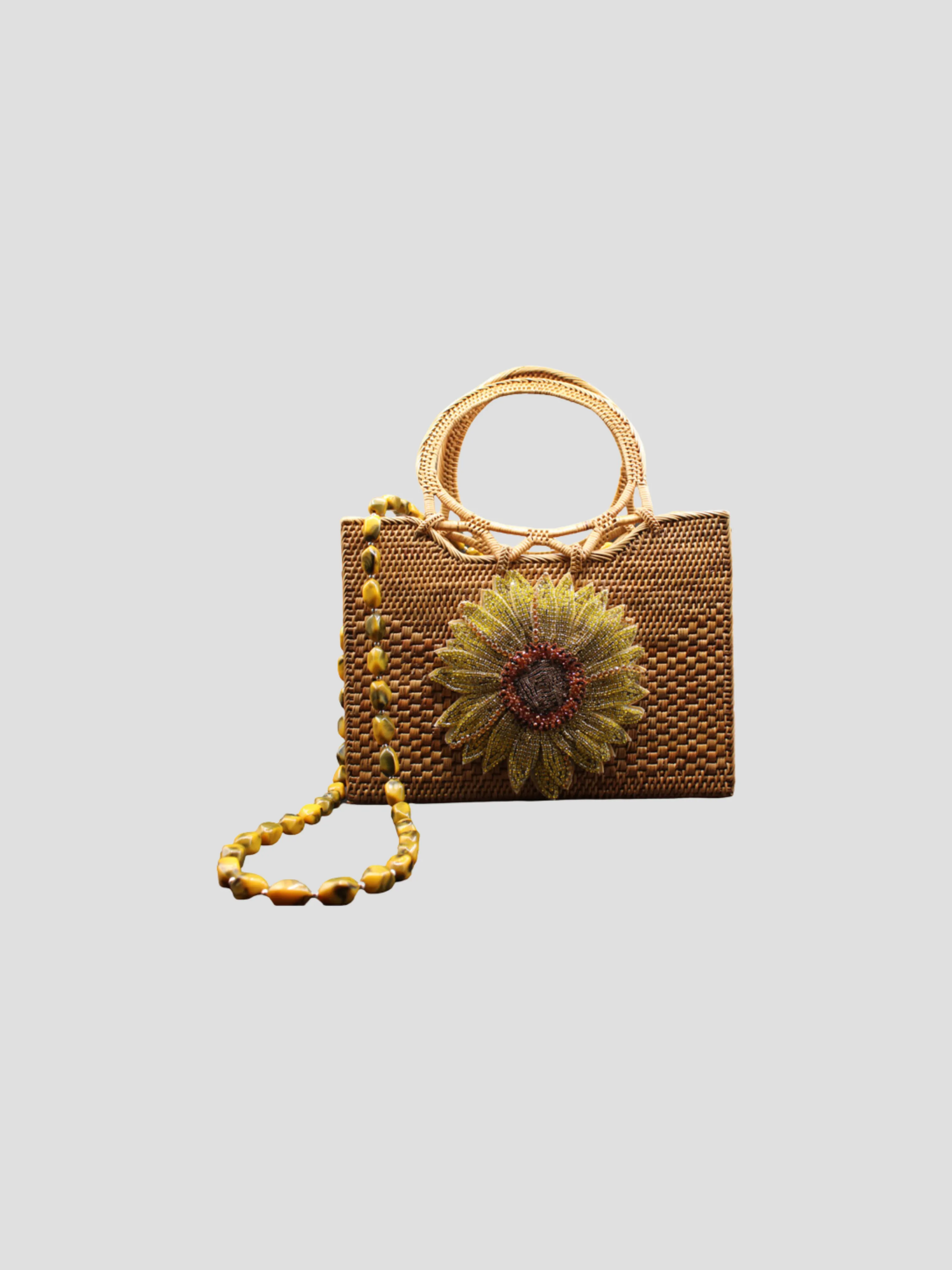 Raffia Tote with Sunflower and Gemstone Straps