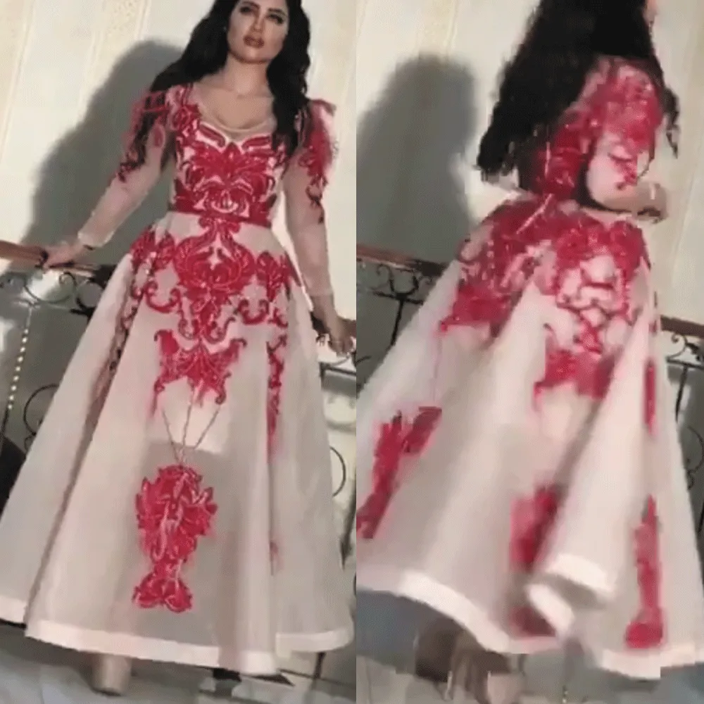 red lace applique prom dresses ball gown vestido de graduacion 2020 elegant long sleeve arabic prom gown