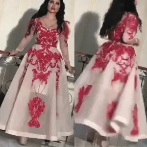red lace applique prom dresses ball gown vestido de graduacion 2020 elegant long sleeve arabic prom gown
