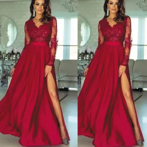 red prom dresses long sleeve lace appliqué elegant v neck beaded sparkly prom gown vestido longo