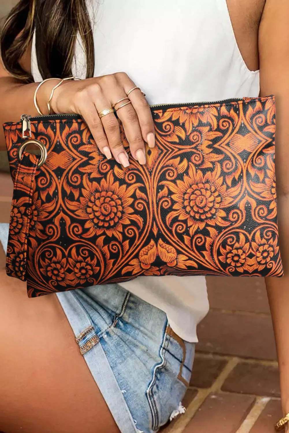 Red Vintage Floral Print PU Leather Wristlet Clutch