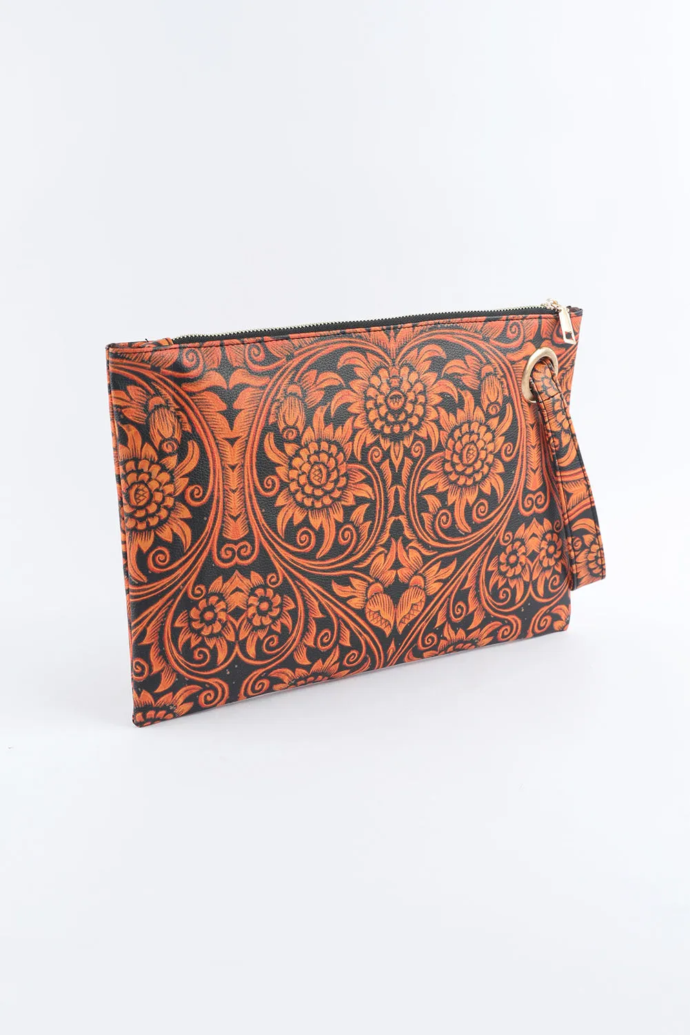 Red Vintage Floral Print PU Leather Wristlet Clutch