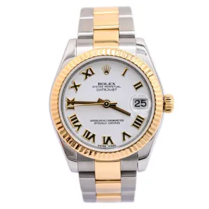 Rolex Ladies Datejust Two Tone Yellow Gold and Stainless Steel 31mm White Roman Dial Watch Ref# 178273